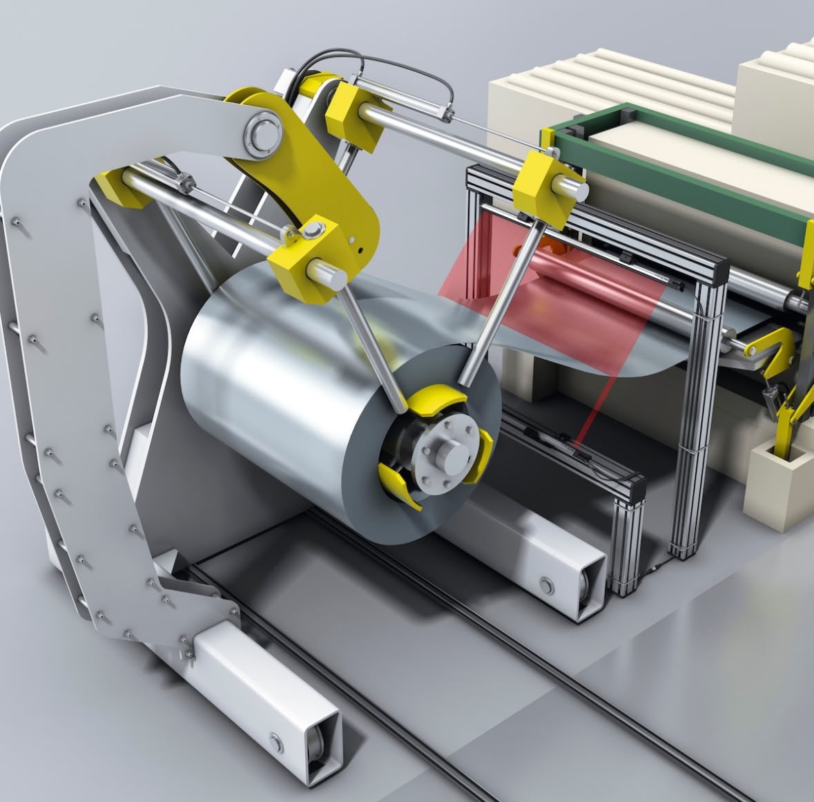 Technical illustration of a coil and mechanical guide arrangement used to explain decoiler positioning.