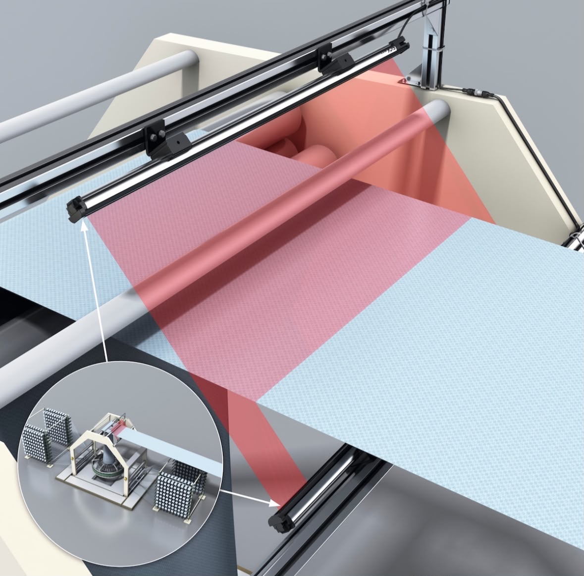 Technical illustration showing edge sensing bars positioned over a moving strip to read its position.