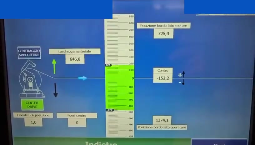 Example HMI screen in Italian showing material width, edge positions, line center and centering controls, with company marks masked in the upper corners.